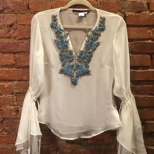 Emma Black- White Beaded Blouse 100% Silk Size 2